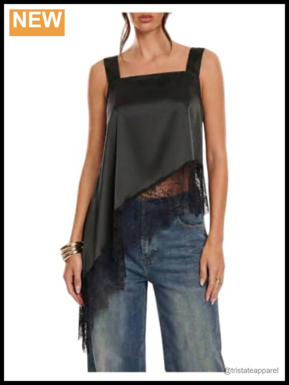 Women's Satin Asymmetrical Sleeveless Blouse Square Neck Lace Trim